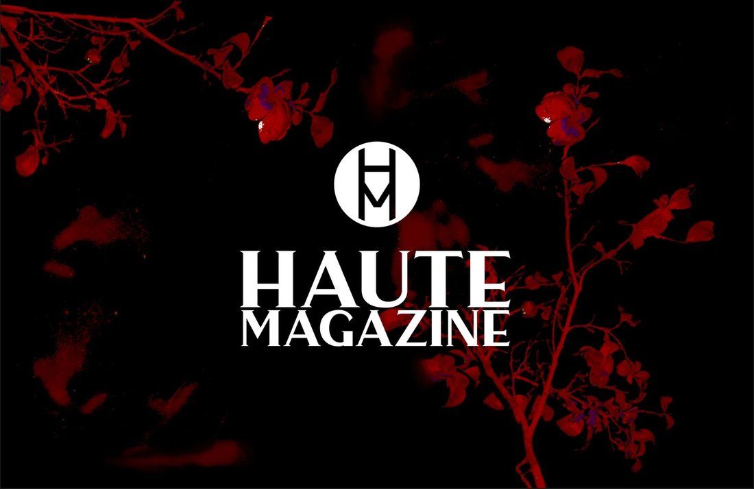 Haute Magazine sample pitch deck cover with red floral branches on black background