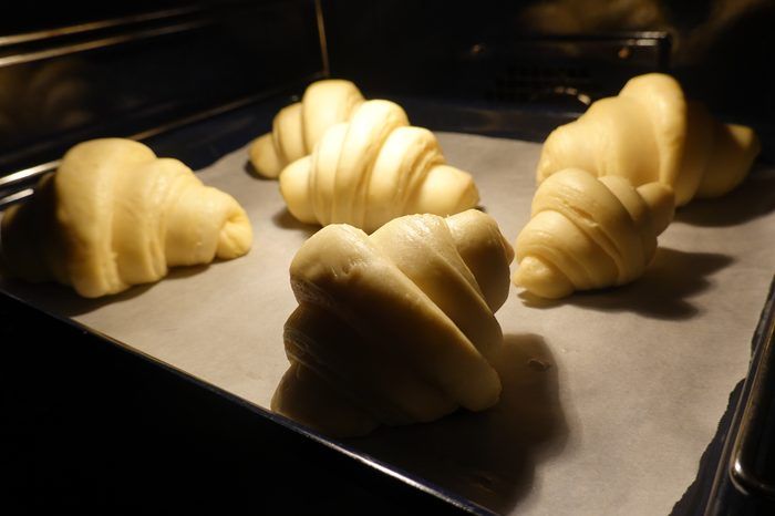 Proofed croissants ready to bake