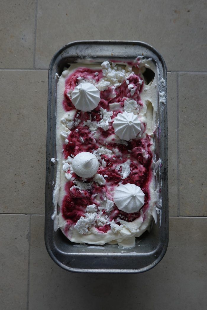 Raspberry Eton mess style dessert in a loaf tin