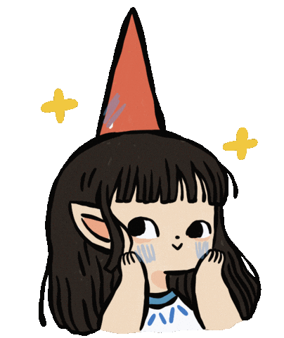 Illustrated sticker of a girl in a gnome hat resting her face on her hands