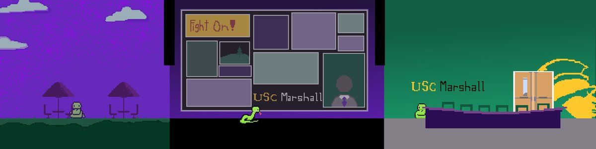 Trojan Odyssey gameplay screens featuring a USC Marshall themed level with a photo collage and rooftop scene