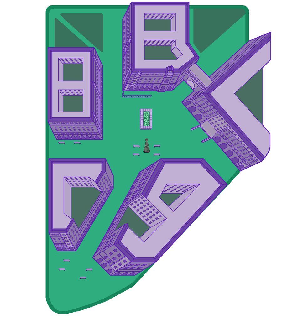 Isometric pixel art map of USC campus in a purple color palette