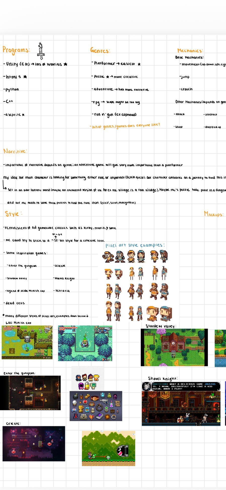 Planning document covering programs, genres, mechanics, narrative concept, and pixel art style references for Trojan Odyssey