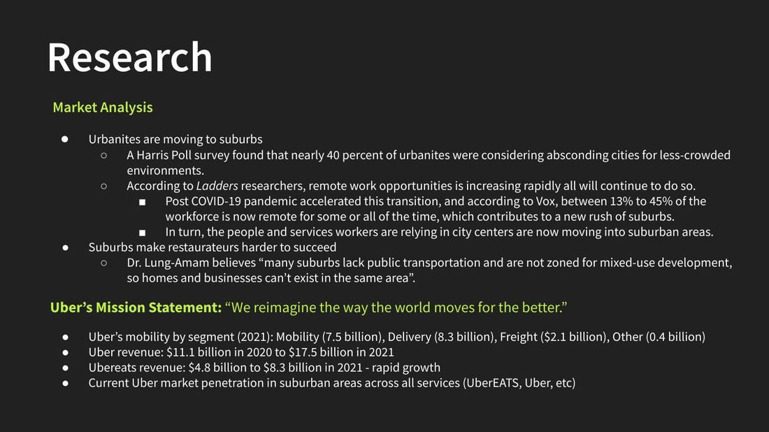 Research slide on market analysis of suburban migration and Uber's mobility and delivery revenue