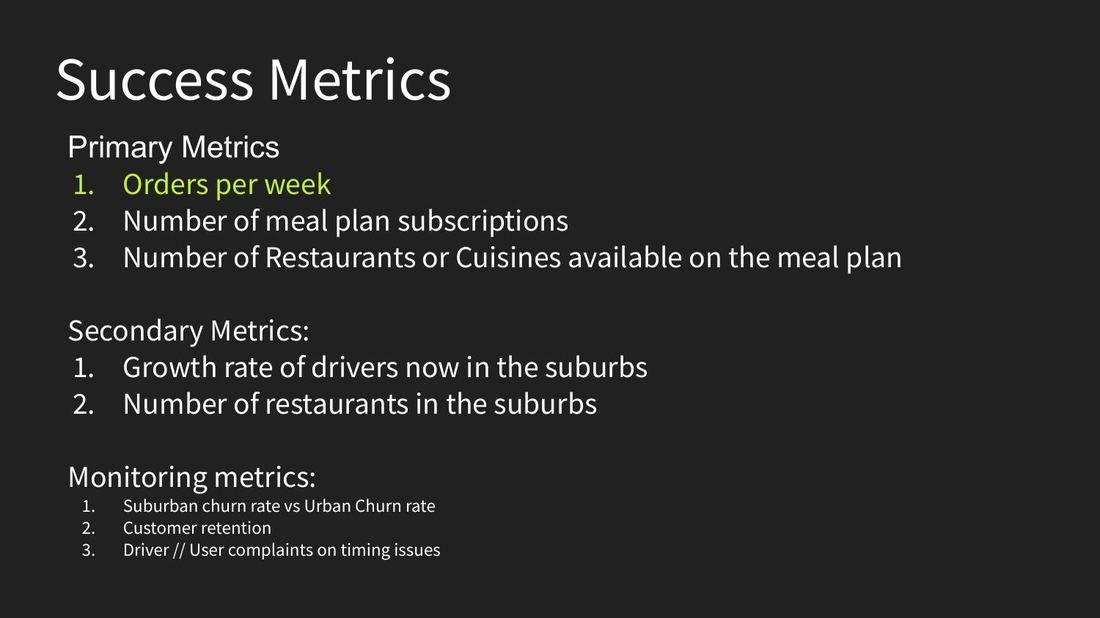 Success metrics slide listing primary, secondary, and monitoring metrics