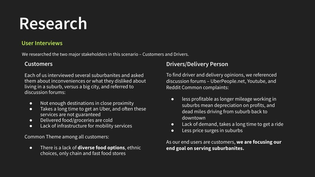 Research slide on user interviews with customers and drivers